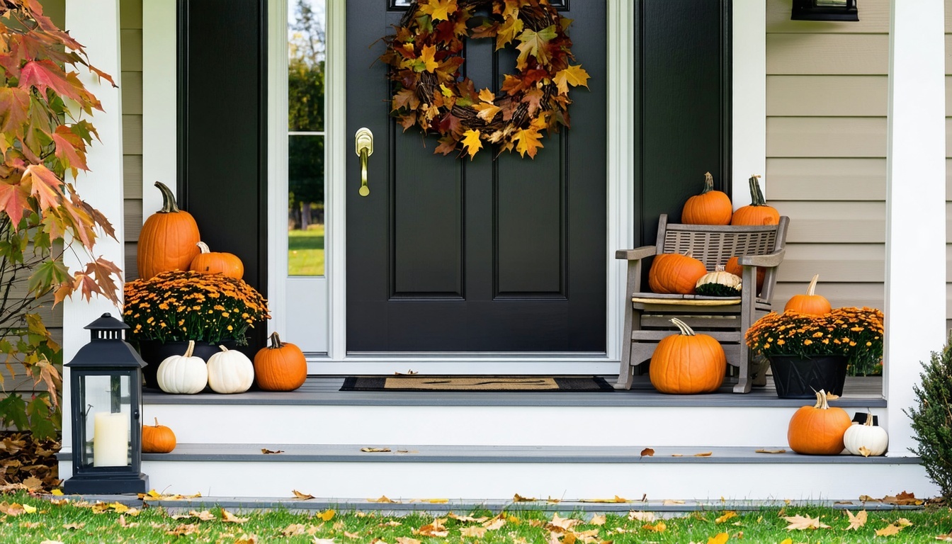 Cozy fall porch with pumpkins, lanterns, and autumn wreaths