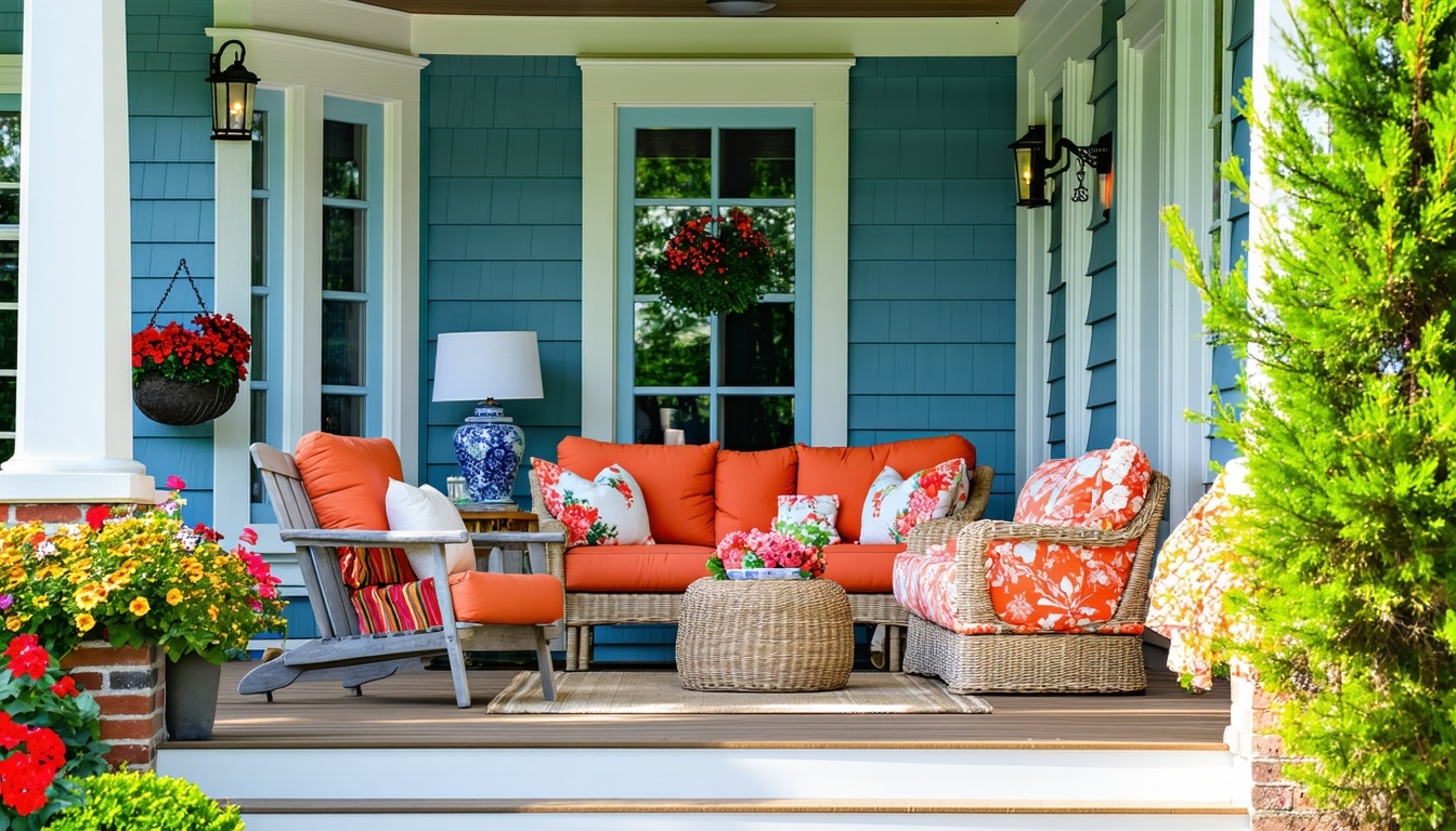 Summer porch featuring vibrant colors and outdoor seating
