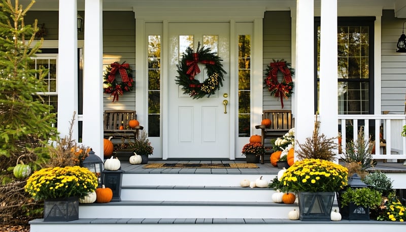 A beautifully decorated porch showcasing seasonal decor by Season Scenes
